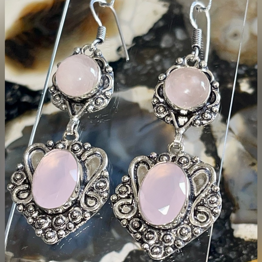 Chalcedony & Rose Quartz “Stone of Pure Love” Earrings 2 1/2”